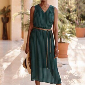 Garnet Hill recycled pleated chiffon midi dress in Sea Green, S